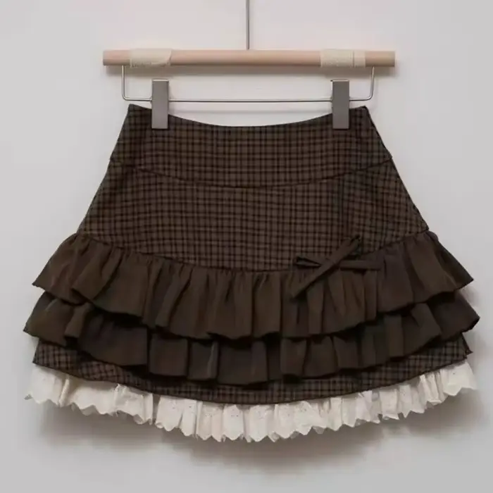 Jupe à carreaux marron pour femmes, vintage, dentelle, patchwork, mode mignonne, taille haute, jupe superposée, Kawaii Lolita, mini jupes douces pour femmes occasions spéciales ```
