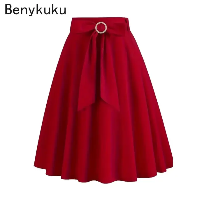Femmes Bow Front A-Line solide rouge noir Jupe années 1950 Vintage femme vêtements 2025 été taille haute