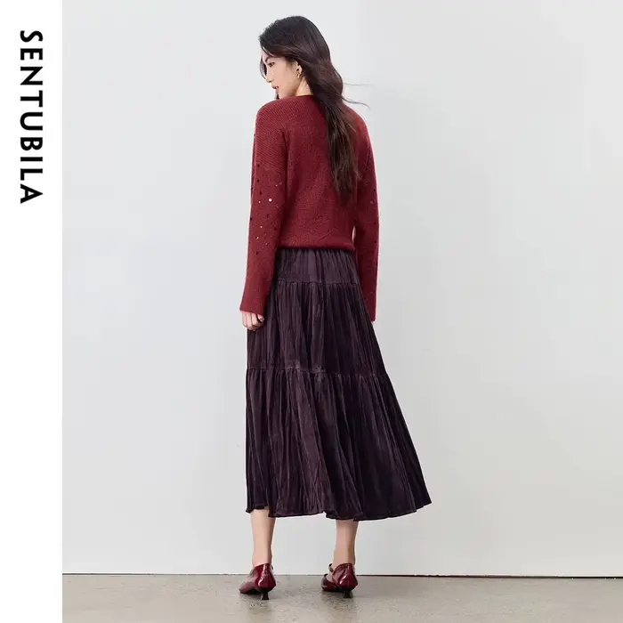 Jupe en velours Sentubila pour femme, élégante jupe à volants, automne-hiver 2026, polyester doux, taille élastique, design moderne, coupe ample trapèze, idéale pour le bureau et les soirées chic