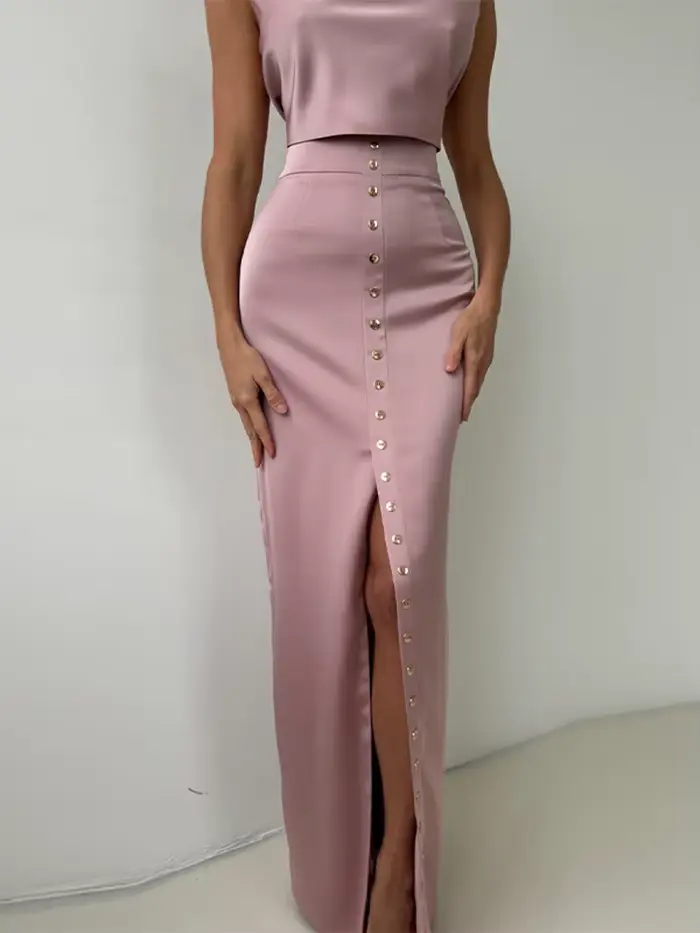 Ensemble de jupes longues en satin hfwomenfz pour femmes, col montant, sans manches, taille haute, fendues, coupe droite, tenues de soirée, printemps 2026
