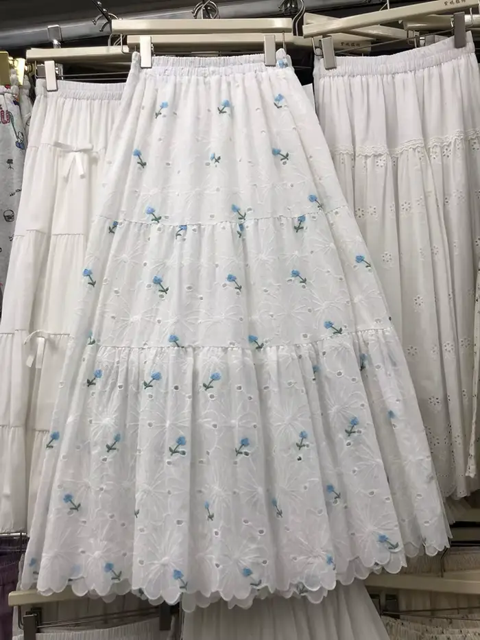 LANMREM brodé dentelle florale jupe Midi pour les femmes 2025 été automne doux a-ligne jupes longues