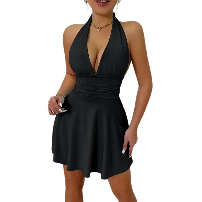 Robe licou dos nu en polyester pour femmes, col en V, sans manches, ajustée et facile à enfiler, pour les soirées, festivals et autres occasions spéciales