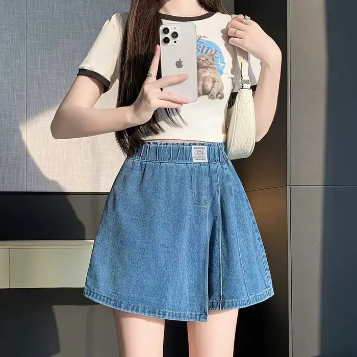 Jupe-short en jean à taille élastique effet deux pièces pour femme coupe ample taille haute été 2026 occassions spéciales femmes