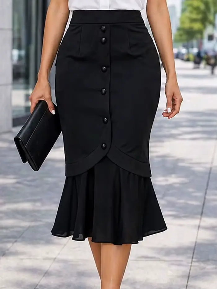 Jupe sirène noire pour femme taille haute élastique boutonnée sur le devant coupe ajustée style crayon longueur midi pour le travail les soirées et les occasions décontractées