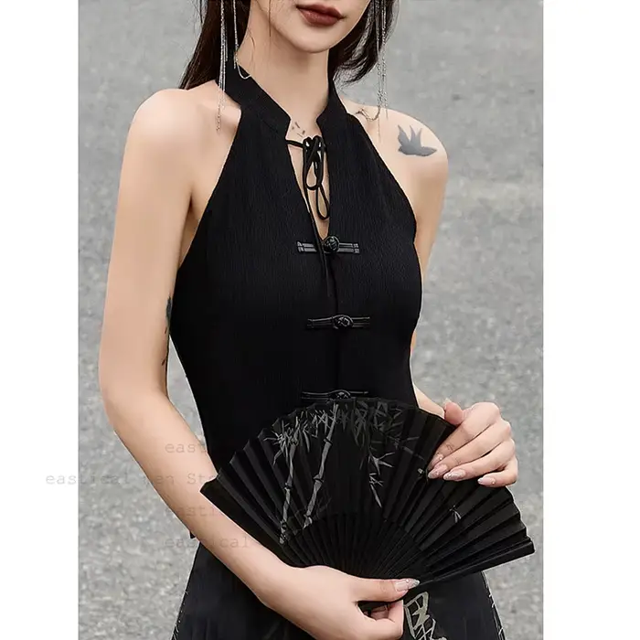 Jupe noire améliorée avec visage de cheval, ensemble Hanfu, haut Qipao Sexy sans manches pour femmes