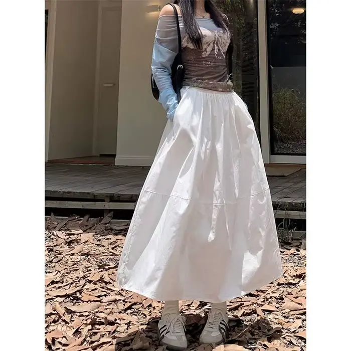 Jupe trapèze mi-longue en pur coton blanc pour femmes, grande jupe trapèze drapée, taille haute, nou