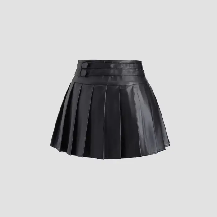 Nouvelle jupe plissée trapèze taille haute en similicuir noir pour femme 2026