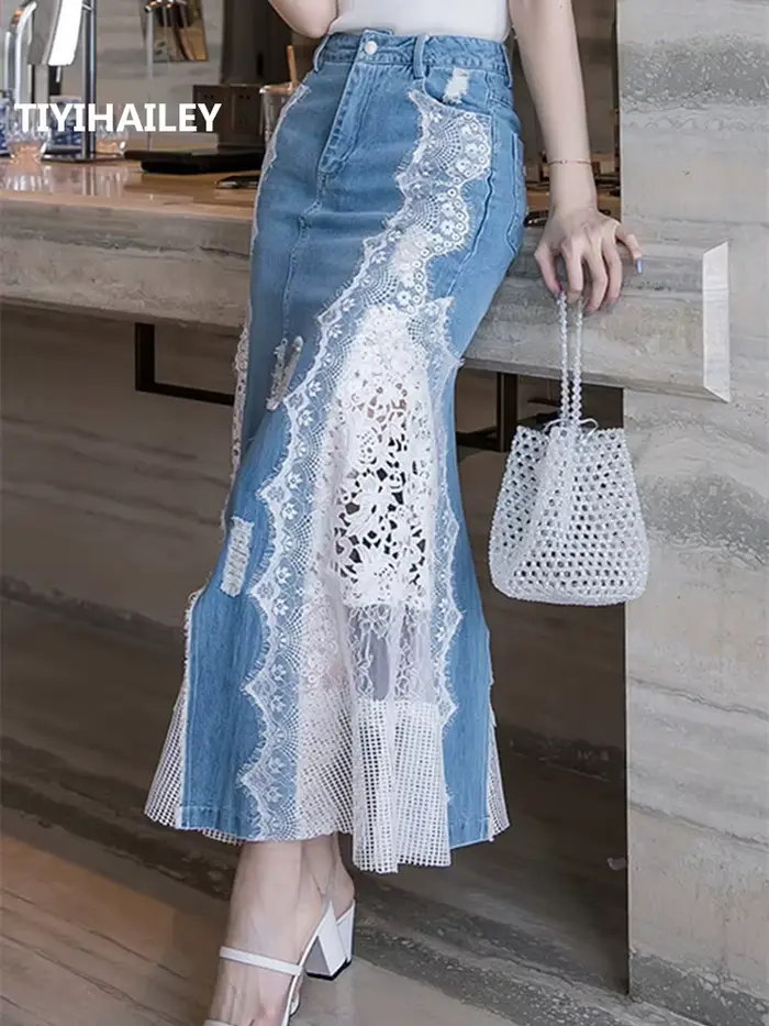 Jupe longue maxi en jean et dentelle style sirène taille haute pour femme occasions spéciales été 2025 soirée partie festive