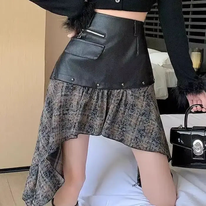 Jupe courte américaine en cuir Pu irrégulier pour femme, nouvelle taille à la mode, automne hiver