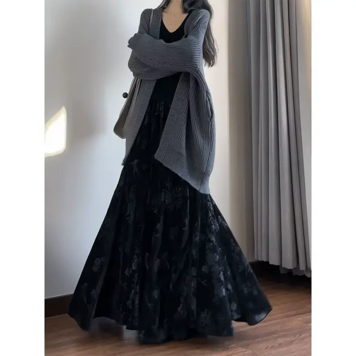 Jupe longue en velours taille haute, style chinois imprimé, élégante pour le quotidien, mi-extensibl