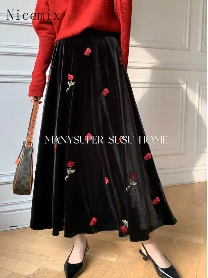 Jupe rétro brodée Nicemix en polyester pour femmes, style français, coupe haute, silhouette a-ligne, automne hiver 2025