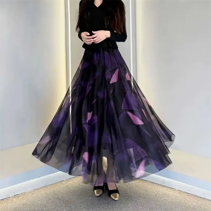 2025 nouvelle jupe femmes jupe longue taille haute a-ligne grande balançoire kirt femme impression j