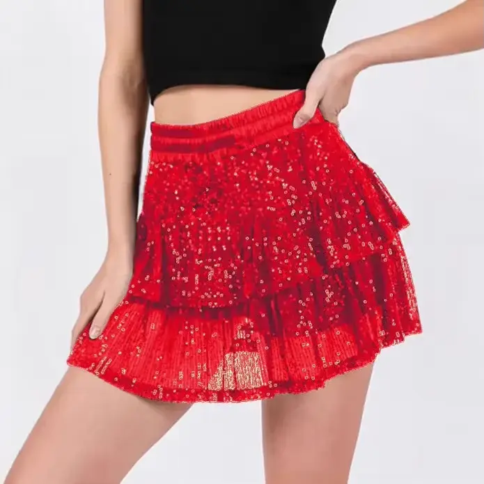 Jupe mini scintillante polyester pailletée rouge noire verte mode féminine soirée boîte de nuit événements spéciaux