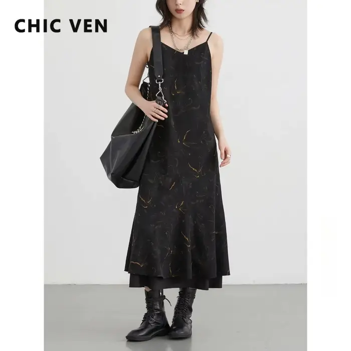 Robe Chic Ven Camisole Style Rétro Ample Col en V Pour Plage Vacances Printemps Ete Polyester Noire Verte