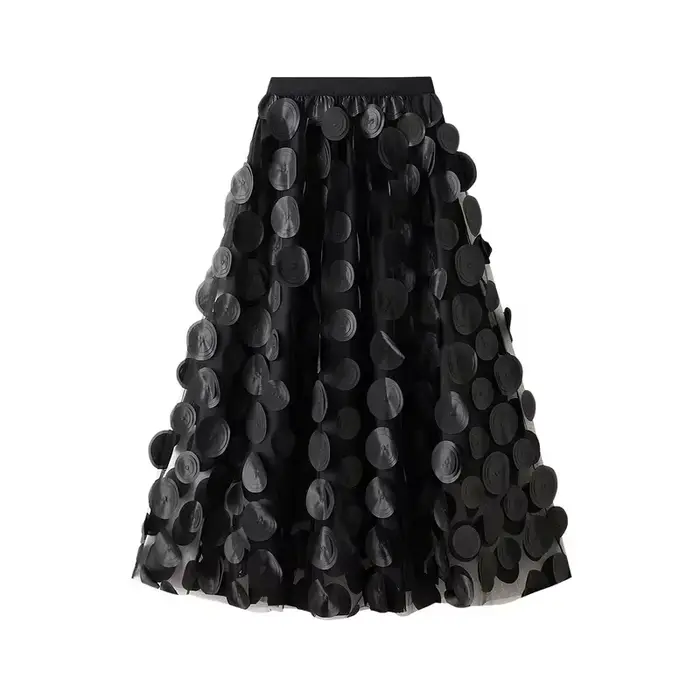 Jupe en mousseline de soie noire à pois tridimensionnels, douce et fraîche, avec taille élastique et