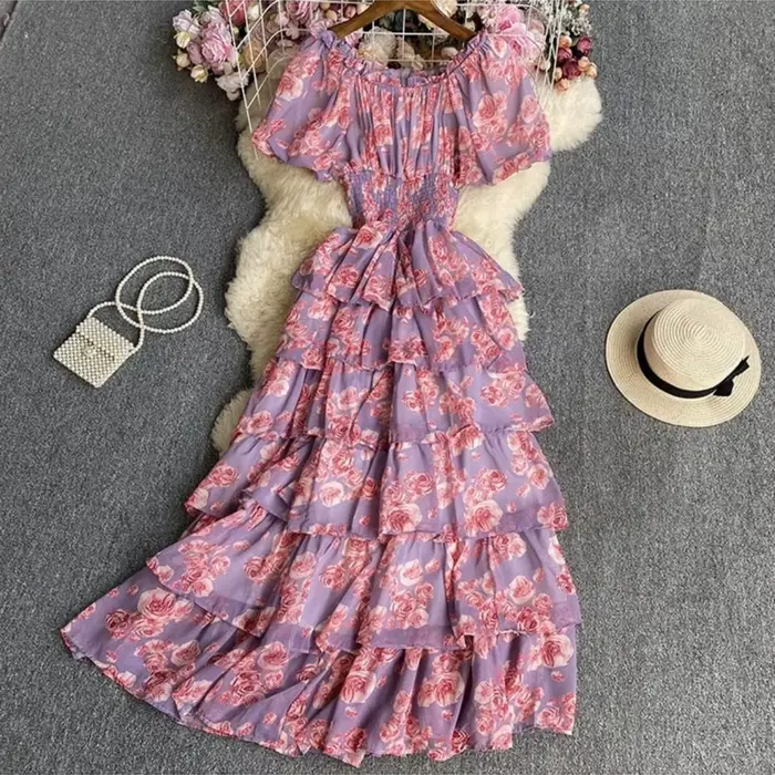 Robe longue à volants imprimé floral pour femme manches bouffantes col carré coupe trapèze été vacances occasions spéciales