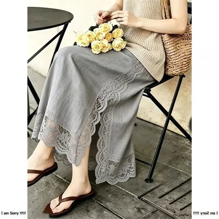 Jupe longue fendue taille haute en lin-coton pour femme