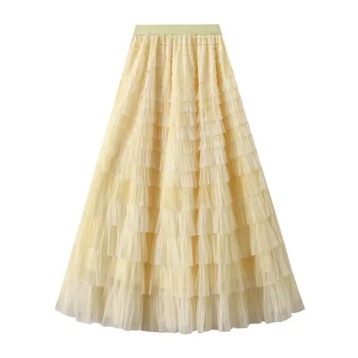 Jupe longue femme 2026 chic taille haute coupe trapèze en maille tie-dye avec patchwork et volants en tulle