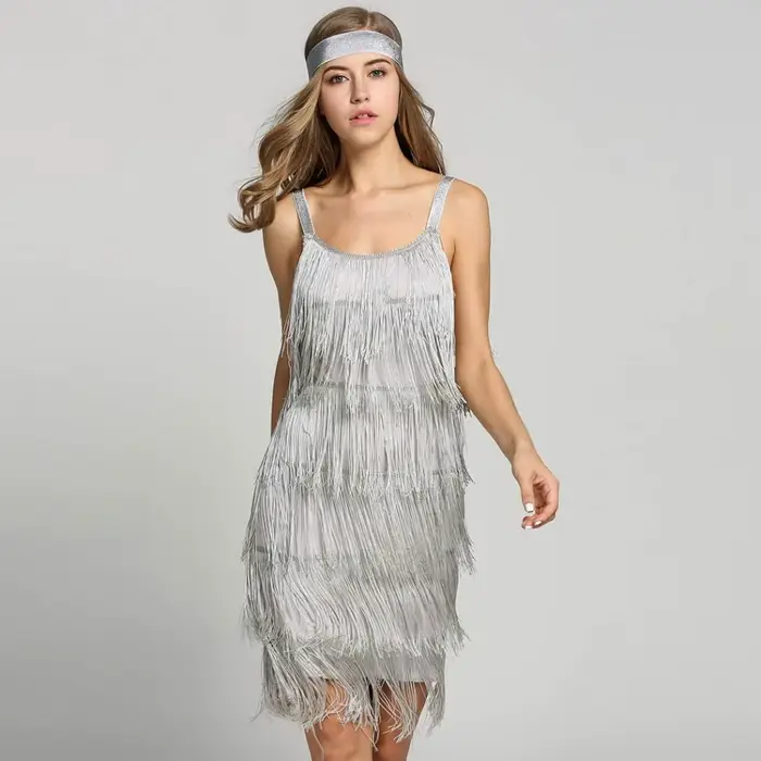 Robe Gatsby personnalisée vintage sans manches col slash franges polyester pour femmes occasions spéciales soirée de gala cérémonie de remise des diplômes