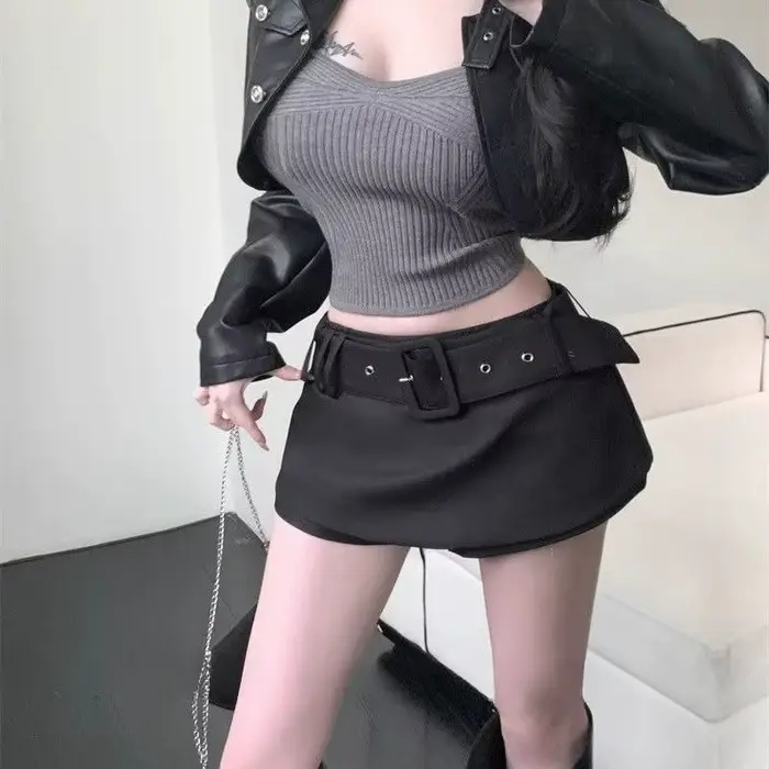 Jupe courte polyvalente noire pour femme, nouvelle collection automne, taille haute, effet amincissa