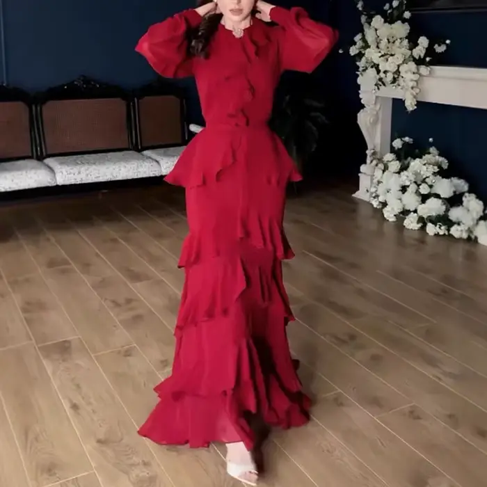 Robe de soirée élégante à manches longues pour femmes, col rond, à volants superposés, décontractée,