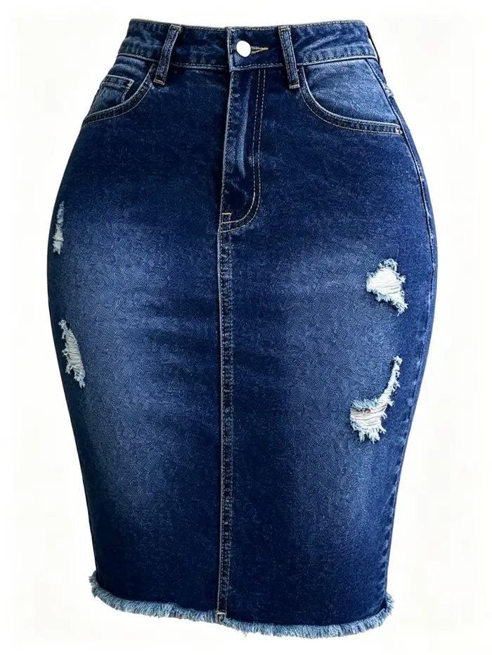 Jupe en jean extensible taille haute pour femme avec ourlet déchiré et effiloché
