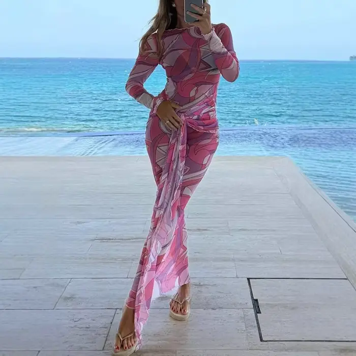 Robe bohème imprimer moulante avec corset mince stretch pour femmes occasions spéciales sexy à manches longues