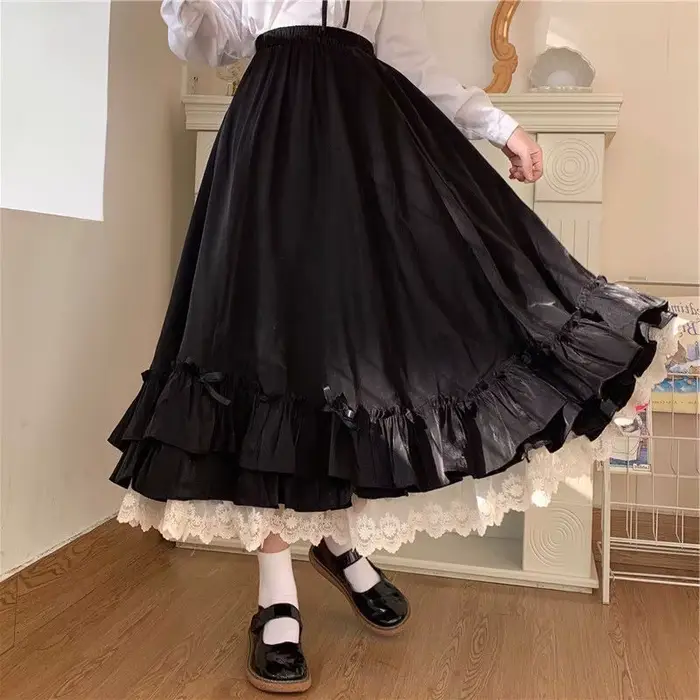 Mode douce jupe Midi femmes dentelle Patchwork nœud Preppy automne jupes décontractées amples japona