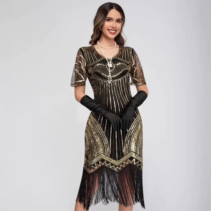 Robe Flapper Gatsby Vintage Années 20 Noire et Or à Paillettes Paon et Franges Polyester Sans Manches Style Art Déco pour Soirée Occasions Spéciales