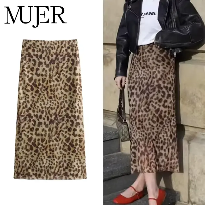 MUJER imprimé léopard jupe Midi femme Tulle taille haute jupes longues pour les femmes 2025 été Vintage maille