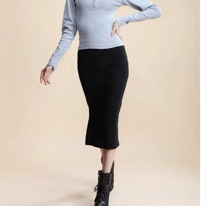 Hiver femmes jupe taille haute Stretch crayon longue fente avant