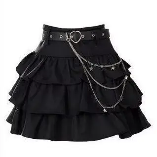 Jupe courte noire en jean à volants pour femme, taille haute, avec ceinture à motif cœur, style auto