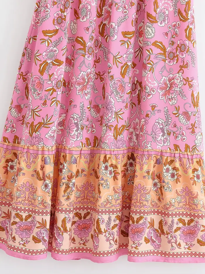 2025 BOHO rose contraste imprimé fleuri Maxi jupe longue épissé à volants ourlet Hippie femmes boule gland nœud taille balançoire jupes vacances