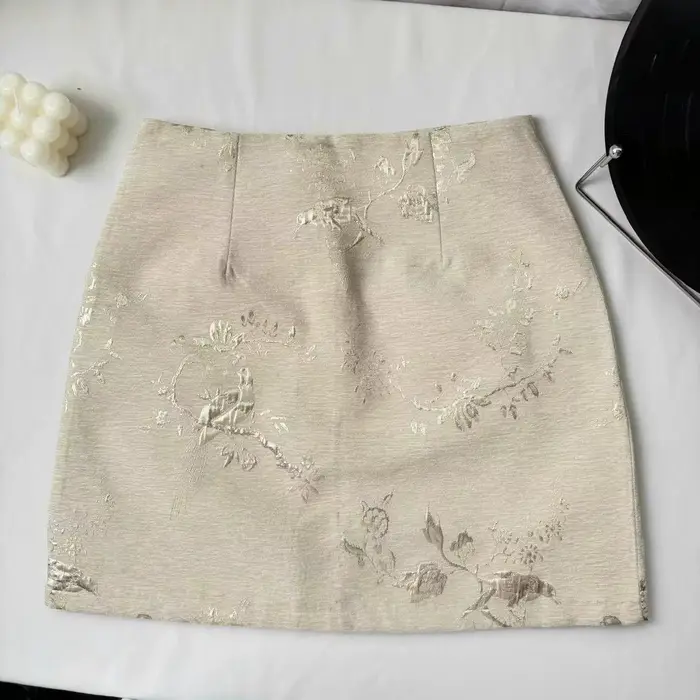 Mini jupe de style chinois pour femme, imprimé beige, taille haute, hanche enveloppée, ligne A, cour