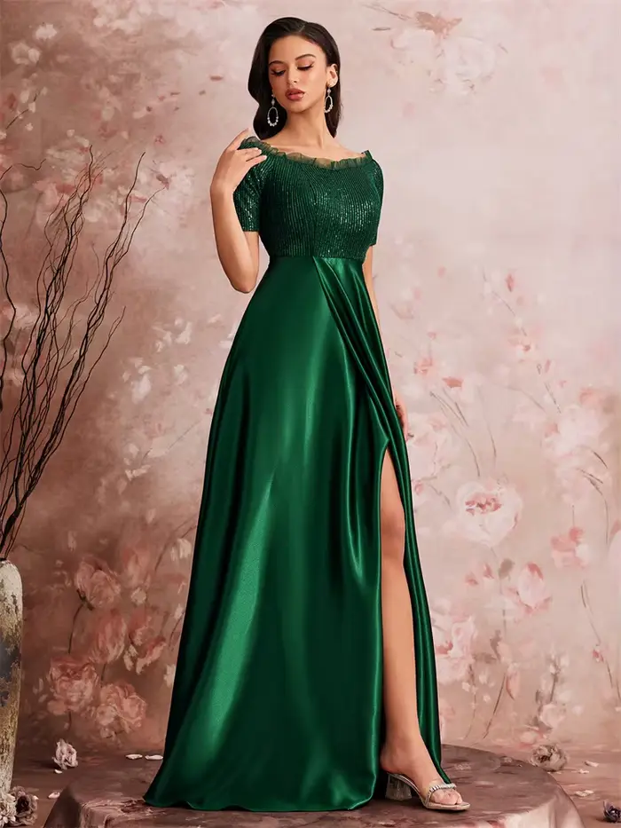 Robe de soirée de luxe en satin vert col en V pour femmes soirées officielles mariages bals cocktail épaules dénudées