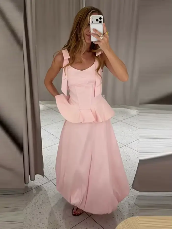 Ensemble jupe haut élégant pour femme style chic décontracté haut à volants jupe longue uni idéal pour sorties nocturnes été 2026