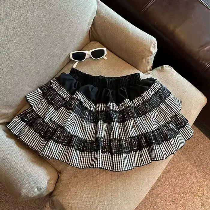 Jupe gâteau bouffante à carreaux en dentelle douce pour femmes, nouvelle petite taille, taille haute