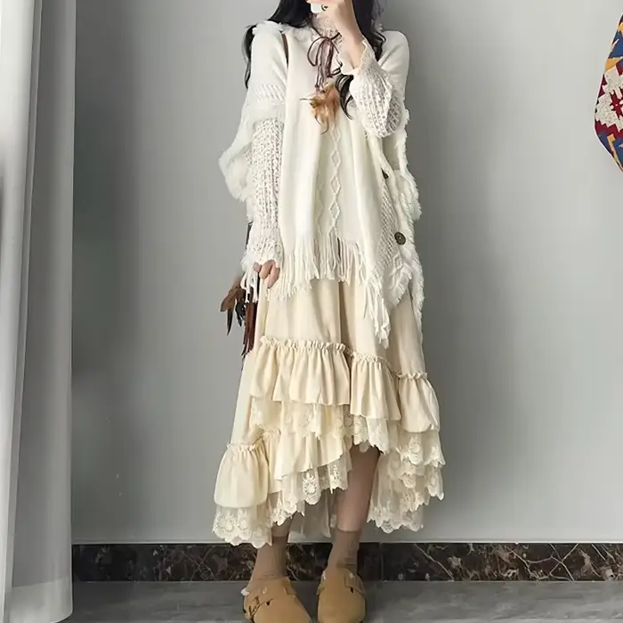Jupes longues en dentelle à volants irréguliers vintage élégantes pour femmes automne hiver ligne a epaisse Y2K Mori filles