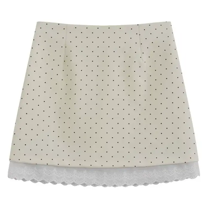 Mini-jupe élégante et raffinée à volants en dentelle, taille haute, motif à pois, style rétro, jupe 