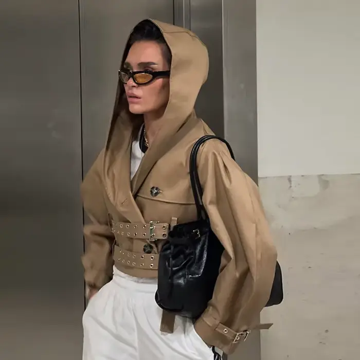 Veste courte à capuche avec Double ceinture pour femme, couleur unie, manches longues, manteau polyv