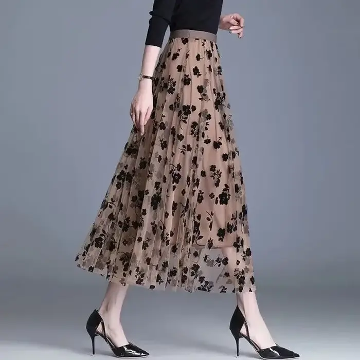 Jupe en maille coréenne pour femme, jupe midi ample à fleurs crochetées, élégante, décontractée, pol