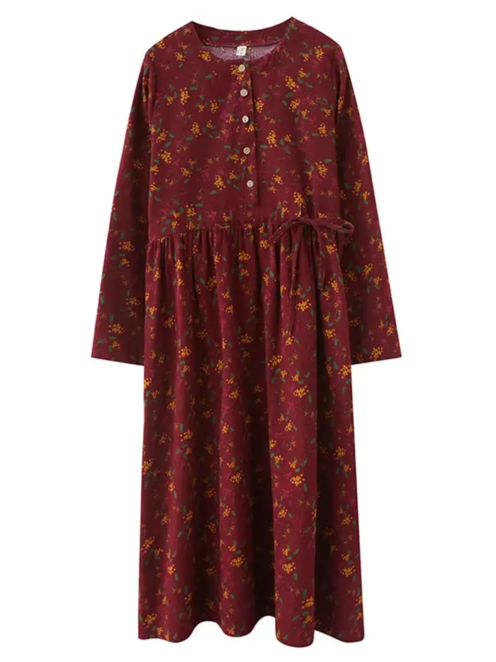 Robes à manches longues en coton et lin à imprimé floral vintage pour femmes