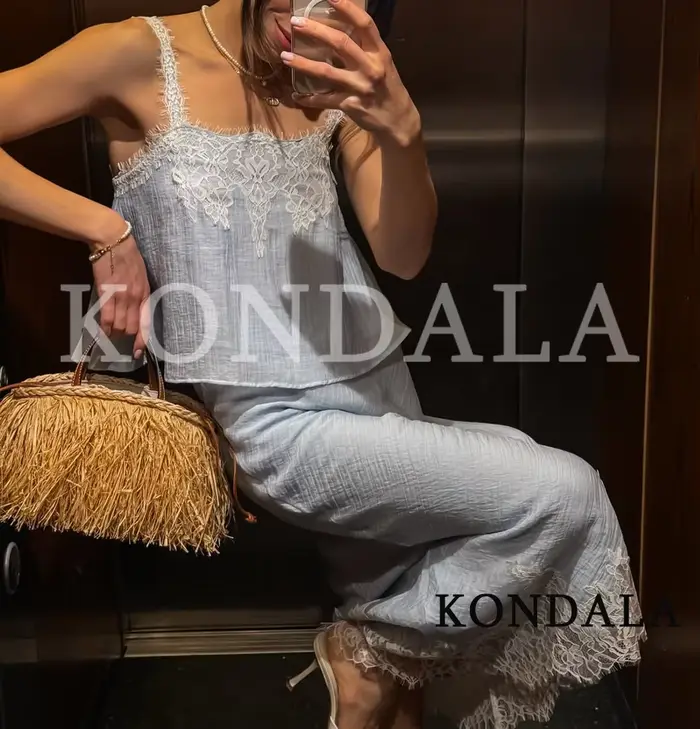 Ensemble jupe et débardeur KONDALA chic décontracté en dentelle pour femme – Bleu ciel