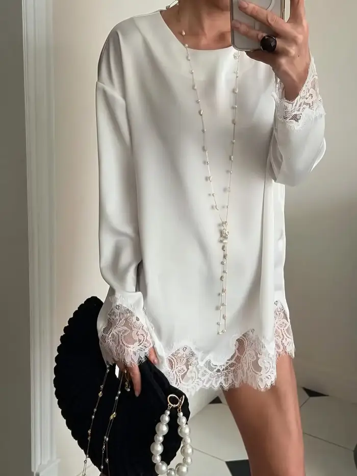 Robe courte bleu céleste en satin ample avec dentelle et lacets pour femmes, élégante pour soirées et clubs, coupe ample, col rond, printemps 2026