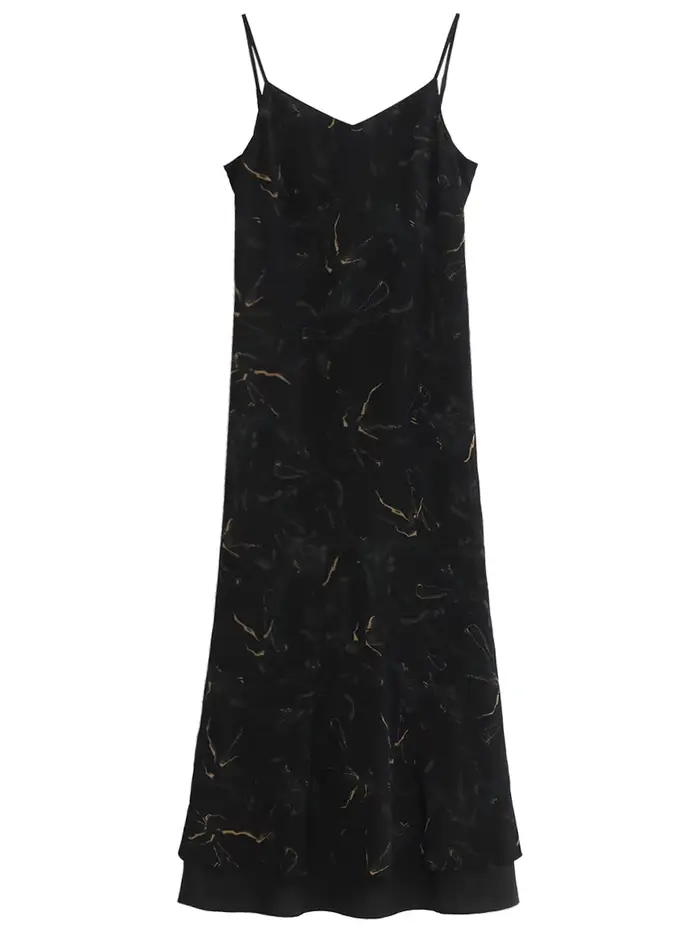 Robe Chic Ven Camisole Style Rétro Ample Col en V Pour Plage Vacances Printemps Ete Polyester Noire Verte