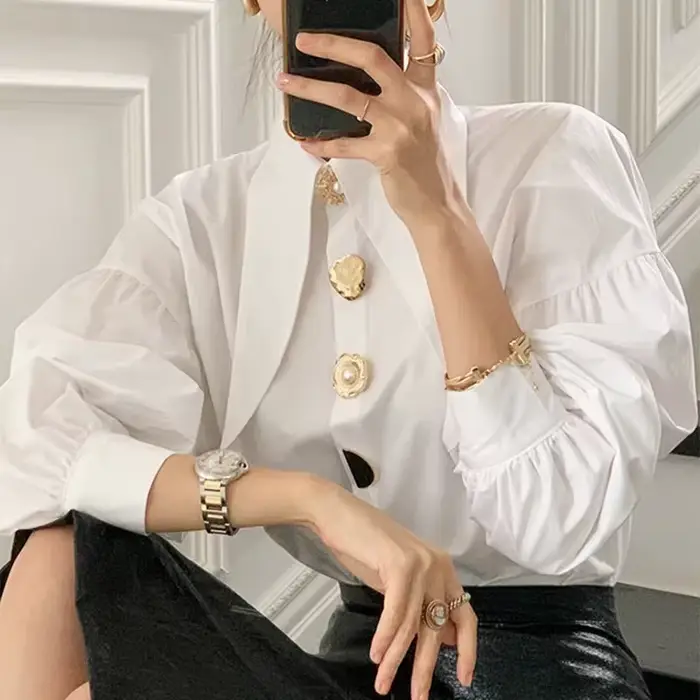 Chemise Magesuek en polyester avec col rabattu pour femmes, manches lanternes, coupe régulière, décontractée et élégante pour les occasions professionnelles et quotidiennes