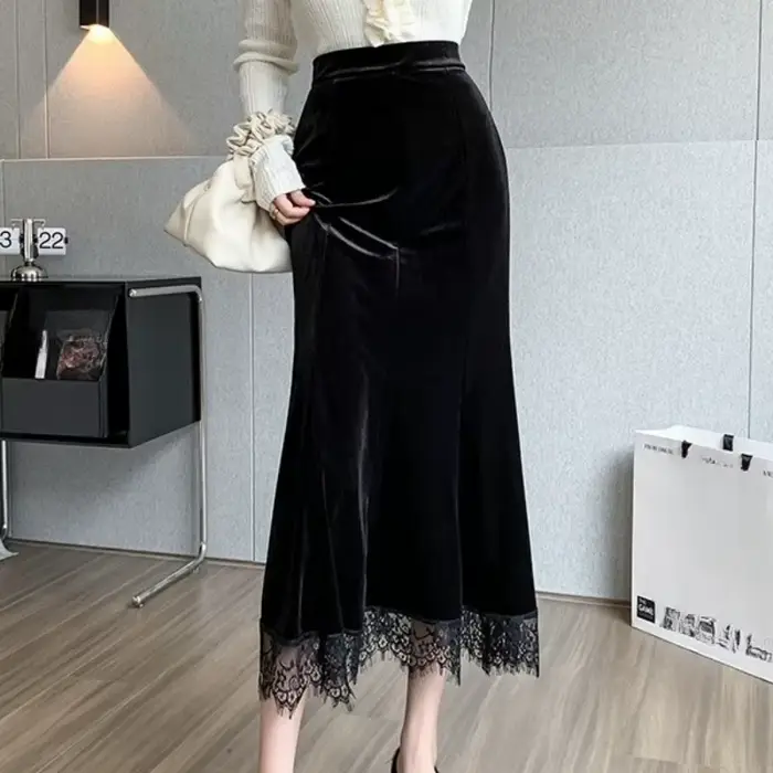 Automne hiver Vintage velours dentelle Patchwork femmes jupes portefeuille 2025 nouveau taille haute noir décontracté
