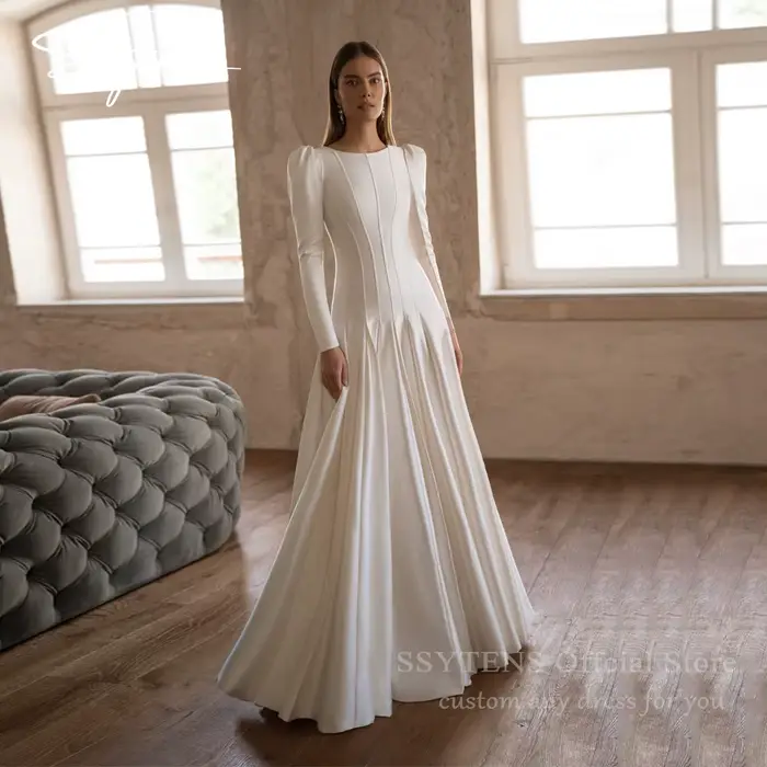 SSYTENS Chic blanc Satin robes de mariée manches longues