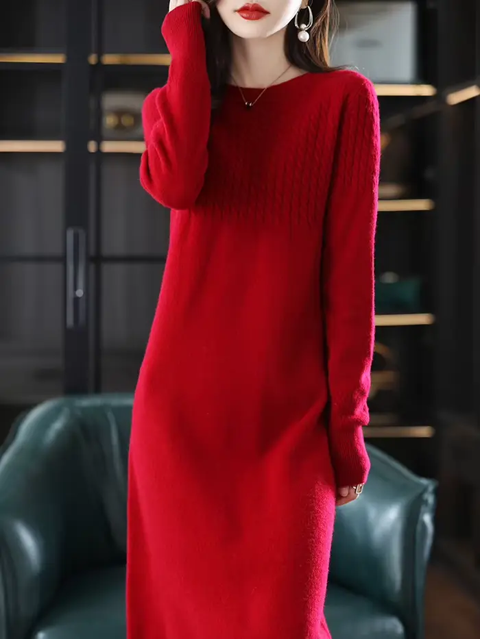 Robe en laine pure tricotée col rond longueur aux genoux pour femmes style bureau dame automne hiver occassions spéciales