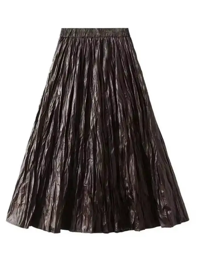 Jupe longue plissée en cuir PU pour femme